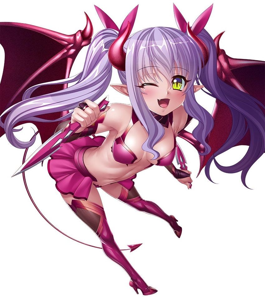00s 1girl bare_legs bare_shoulders bat_wings bikini boots breasts bridal_gauntlets demon_girl fangs female happy kagami_hirotaka lilim_(taimanin_asagi_battle_arena) lilith-soft long_hair looking_at_viewer open_mouth pointy_ears skirt smile solo succubus tail taimanin_(series) taimanin_asagi taimanin_asagi_battle_arena twintails underwear weapon wings wink