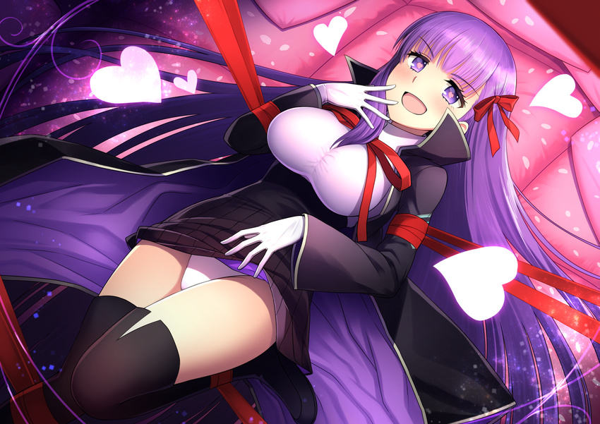 :d bangs bb_(fate)_(all) bb_(fate/extra_ccc) black_legwear black_skirt blush breasts coat commentary_request dutch_angle eyebrows_visible_through_hair fate/extra fate/extra_ccc fate_(series) gloves hand_up heart heart-shaped_pupils high-waist_skirt highres large_breasts lifted_by_self long_hair looking_at_viewer lying on_back open_clothes open_coat open_mouth oyaji-sou panties pleated_skirt skirt skirt_lift smile solo symbol-shaped_pupils thighhighs thighs underwear very_long_hair white_gloves white_panties
