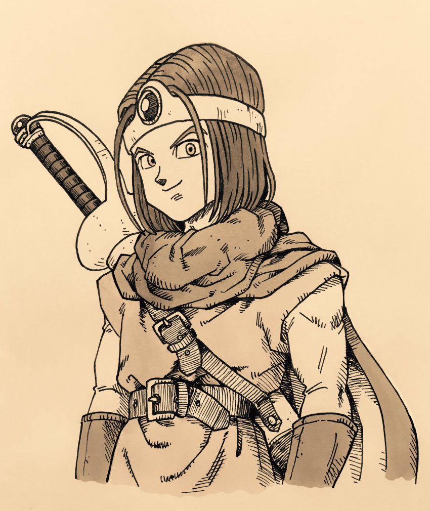 1boy belt cape circlet cosplay dragon_quest dragon_quest_iii dragon_quest_xi hero_(dq11) highres lee_(dragon_garou) male_focus marker_(medium) monochrome roto roto_(cosplay) smile solo sword toriyama_akira_(style) traditional_media upper_body weapon