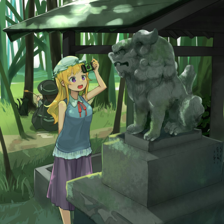 arm_behind_back bangs black_skirt blonde_hair blue_shirt blush brown_hair camera capelet cat cattail dappled_sunlight day fedora grass hat highres holding holding_camera komainu layered_clothing long_hair long_skirt looking_up maribel_hearn mob_cap multiple_girls nekomata open_mouth outdoors plant purple_eyes purple_skirt red_ribbon ribbon shirt sitting_on_ground skirt sleeveless sleeveless_shirt slit_pupils statue sunlight touhou usami_renko usuaji