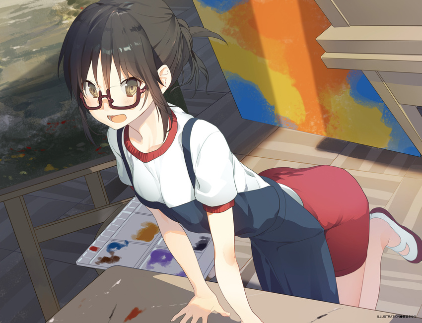 :d akinashi_yuu apron artist_name blue_apron blush brown_eyes brown_hair canvas_(object) collarbone cowboy_shot cropped dengeki_moeou fingernails glasses gym_uniform hair_between_eyes hair_bun highres indoors leg_up looking_at_viewer open_mouth original palette red-framed_eyewear red_skirt scan semi-rimless_eyewear shoes short_hair short_sleeves skirt smile solo standing standing_on_one_leg teeth under-rim_eyewear uwabaki