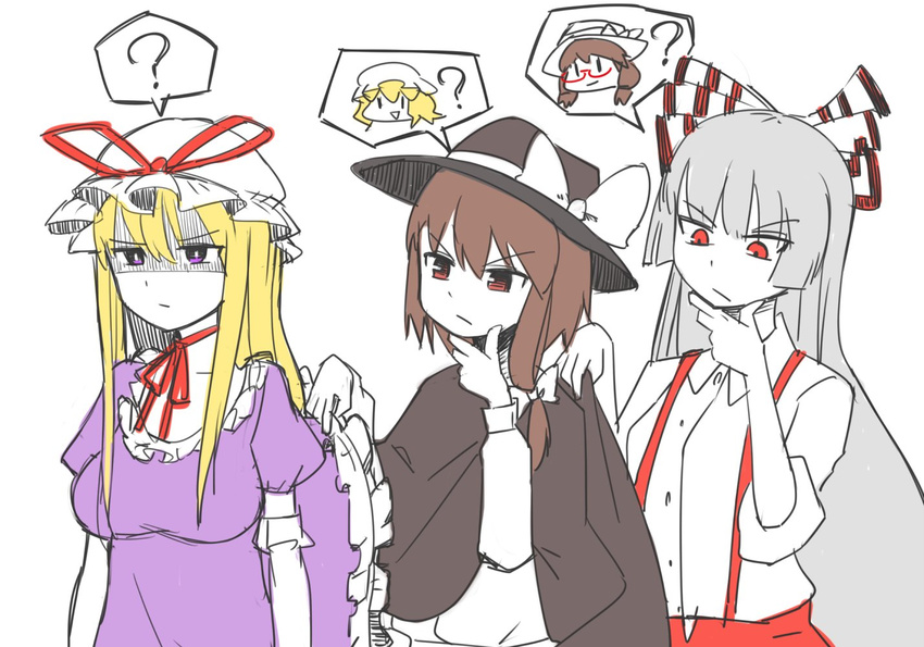 ? bangs black_cape blonde_hair blunt_bangs bow breasts brown_hair cape cape_tug chin_stroking choker collared_shirt commentary_request dress dress_lift elbow_gloves eyebrows_visible_through_hair fedora frilled_dress frills fujiwara_no_mokou gloves hair_between_eyes hair_bow hand_on_own_chin hat hat_bow hat_ribbon head_tilt long_hair long_sleeves looking_afar looking_at_another looking_down maribel_hearn medium_breasts mob_cap multiple_girls pants puffy_short_sleeves puffy_sleeves purple_dress purple_eyes red_pants red_ribbon ribbon ribbon_choker shaded_face shirt short_hair short_sleeves silver_hair simple_background single_sidelock sleeves_rolled_up spoken_person spoken_question_mark suspenders thinking touhou usami_renko usami_sumireko usuaji white_background white_bow white_gloves white_shirt yakumo_yukari