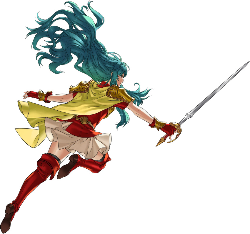 aqua_eyes aqua_hair armor bangs black_legwear boots cape eirika fingerless_gloves fire_emblem fire_emblem:_seima_no_kouseki fire_emblem_heroes full_body gloves highres holding holding_weapon kozaki_yuusuke leg_up long_hair miniskirt official_art rapier red_footwear red_legwear short_sleeves sidelocks skirt solo sword thigh_boots thighhighs transparent_background very_long_hair weapon white_skirt zettai_ryouiki