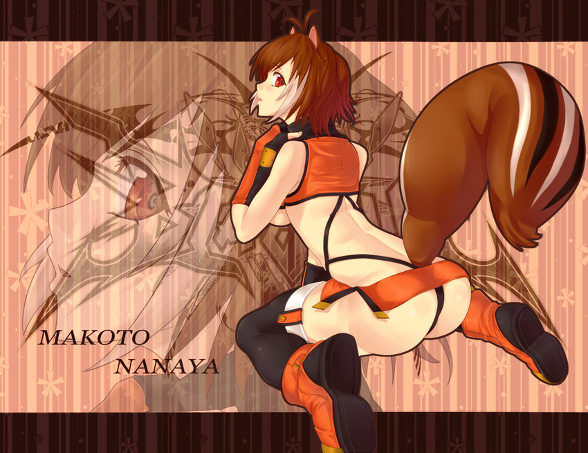 animal_ears antenna_hair ass bad_id bad_pixiv_id blazblue breasts brown_eyes brown_hair character_name elbow_gloves fingerless_gloves gloves kneeling looking_back makoto_nanaya medium_breasts microskirt multicolored_hair onsen_nakaya orange_skirt panties pantyshot revealing_clothes skirt solo squirrel_ears squirrel_tail tail thighhighs thong two-tone_hair underboob underwear zoom_layer