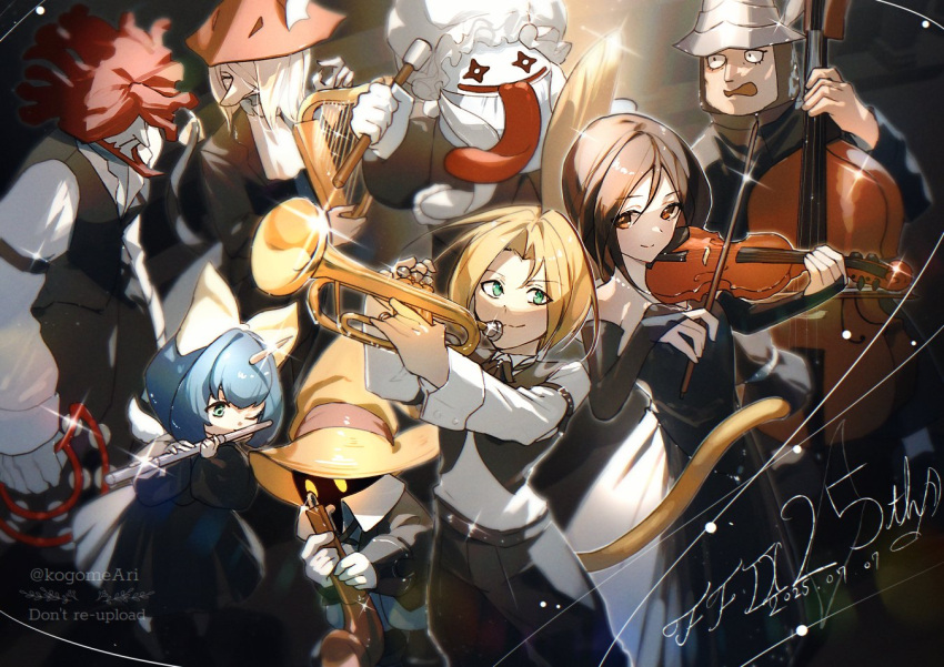 1other 3girls 4boys adelbert_steiner anniversary armor blonde_hair brown_eyes brown_hair cello dated eiko_carol final_fantasy final_fantasy_ix flute freija_crescent furry furry_female garnet_til_alexandros_xvii happy harp holding holding_instrument horns instrument kogome_(azalea4) multiple_boys multiple_girls music playing_instrument quina_quen red_hair single_horn smile tail tongue trumpet violin vivi_ornitier zidane_tribal