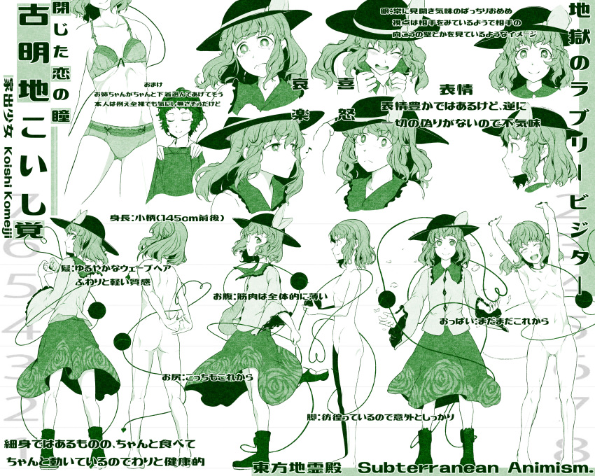 absurdres black_hat bow commentary_request expressions eyeball flat_chest green hat hat_bow hat_ribbon heart heart_of_string highres hiyuu_(flying_bear) jpeg_artifacts komeiji_koishi long_sleeves monochrome nude ribbon shirt string subterranean_animism third_eye touhou translation_request underwear wide_sleeves