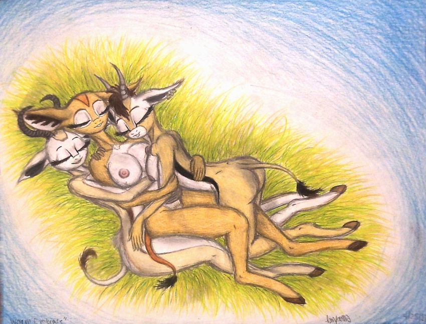 2017 antelope anthro big_breasts breasts butt cuddling female fur gazelle hair mammal nipples simple_background sleeping smile thefriendlyelephant