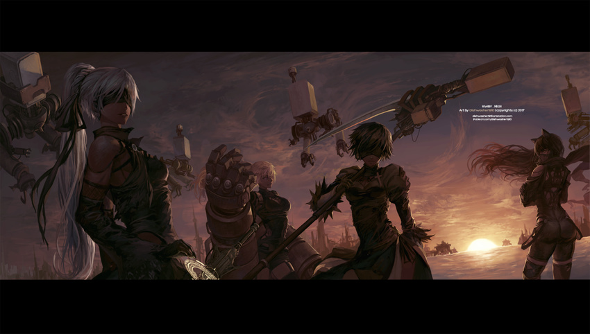 artist_name bandana blake_belladonna blindfold cloud cloudy_sky commentary cosplay crescent_rose dishwasher1910 ember_celica_(rwby) leather_suit multiple_girls myrtenaster nier_(series) nier_automata pod_(nier_automata) ponytail power_fist ruby_rose rwby scythe sky sunset sword weapon weiss_schnee yang_xiao_long yorha_no._2_type_b yorha_no._2_type_b_(cosplay)