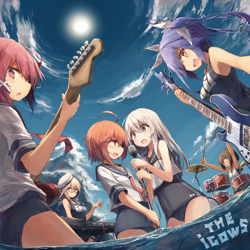 :d ahoge armpits arms_up bass_guitar beize_(garbage) between_breasts blue_eyes blue_hair blue_sky blush breasts brown_hair cloud cosplay day drum drum_set drumsticks dutch_angle fingernails fisheye flat_chest from_below glasses hair_ornament hat highres i-168_(kantai_collection) i-19_(kantai_collection) i-401_(kantai_collection) i-58_(kantai_collection) i-8_(kantai_collection) instrument kantai_collection keyboard_(instrument) light_brown_hair long_fingernails medium_breasts microphone microphone_stand multiple_girls open_mouth outdoors pink_eyes pink_hair red-framed_eyewear ro-500_(kantai_collection) ro-500_(kantai_collection)_(cosplay) sailor_collar school_swimsuit semi-rimless_eyewear silver_hair sky smile star star-shaped_pupils strap_cleavage sweatdrop swimsuit symbol-shaped_pupils tan twintails u-511_(kantai_collection) under-rim_eyewear wading