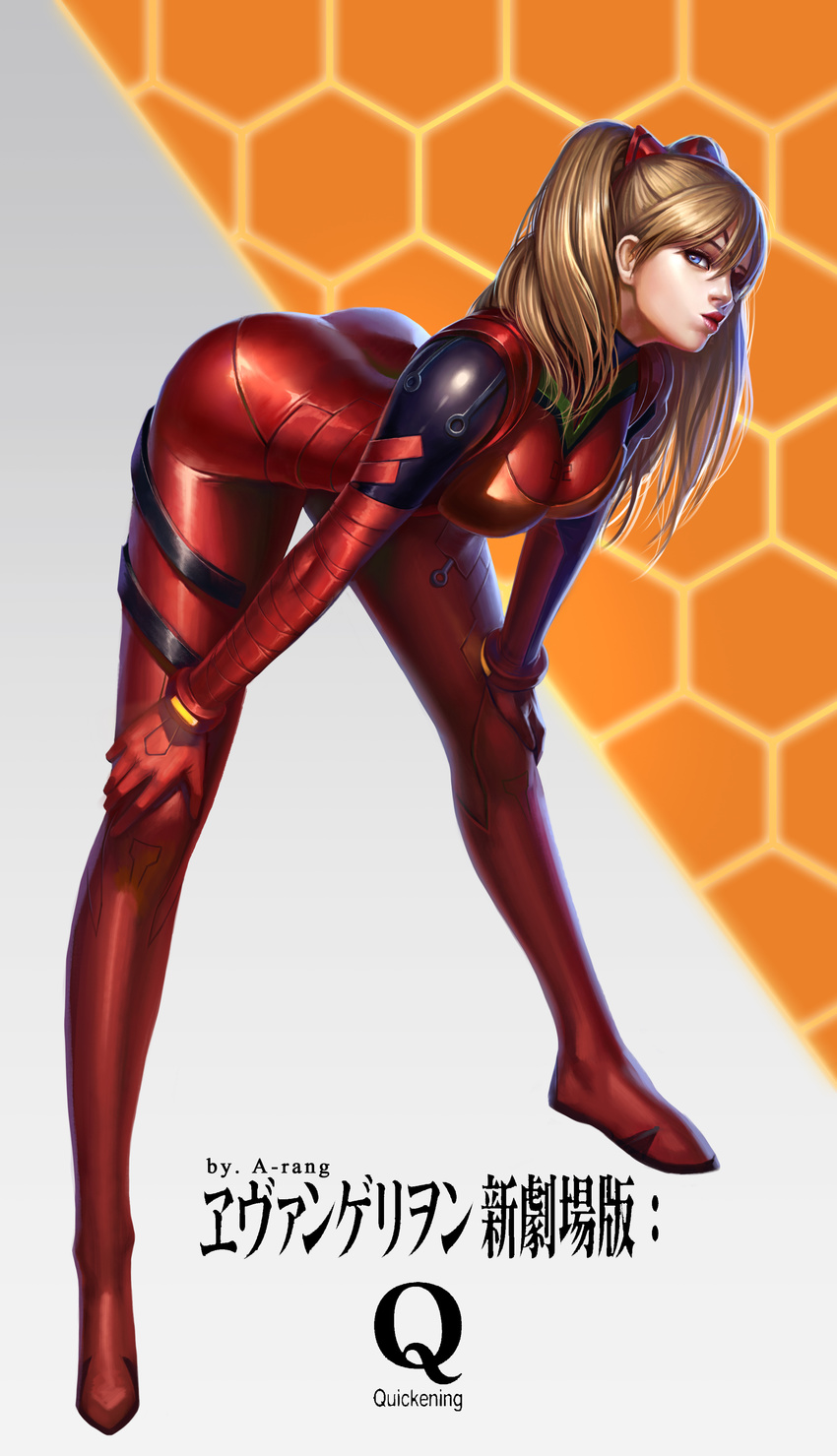 absurdres artist_name ass backlighting bangs bent_over blue_eyes bodysuit bracer breasts brown_hair copyright_name evangelion:_3.0_you_can_(not)_redo eyepatch from_side full_body gloves gradient gradient_background grey_background hair_between_eyes hair_over_shoulder hands_on_own_knees headgear hexagon highres honeycomb_(pattern) honeycomb_background large_breasts legs legs_apart lips lipstick long_hair long_legs looking_at_viewer makeup neon_genesis_evangelion number orange_background parted_bangs pilot_suit plugsuit pursed_lips realistic rebuild_of_evangelion red_lipstick shikinami_asuka_langley shiny shiny_clothes solo souryuu_asuka_langley taekwon_kim tape turtleneck twintails