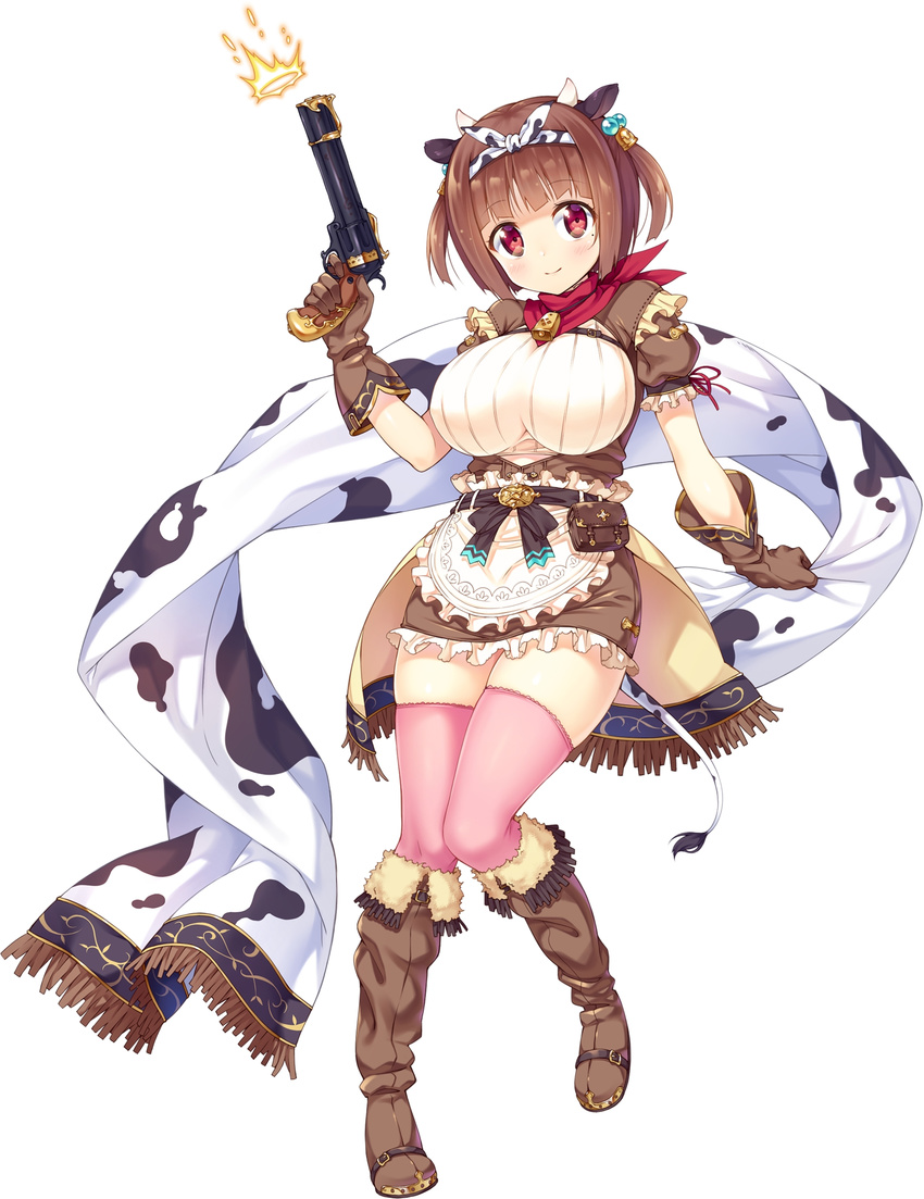 absurdres animal_ears animal_print apron blush boots brown_footwear brown_hair cow_ears cow_horns cow_print framed_breasts fringe_trim full_body gloves gun hairband highres holding holding_gun holding_weapon horns ichi_makoto knee_boots looking_at_viewer mole mole_under_eye official_art pink_legwear red_eyes ryoko_(x-overd) short_hair simple_background smile solo thighhighs two_side_up weapon white_background x-overd