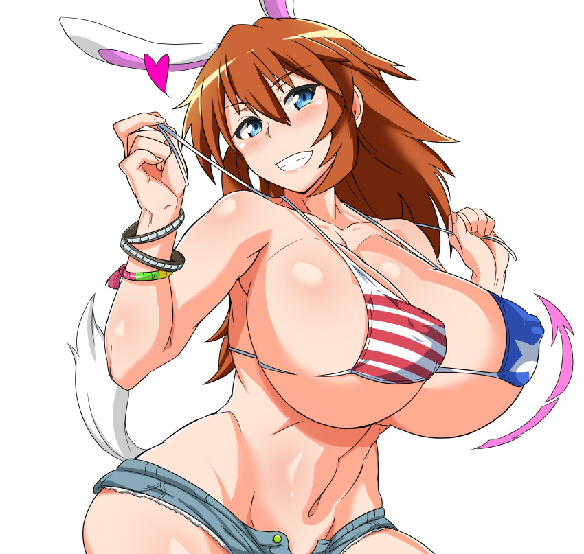 1girl absurdres american_flag_bikini animal_ears bikini blue_eyes blush bouncing_breasts breasts brown_hair bunny_ears bunny_tail charlotte_e_yeager collarbone curvy erect_nipples eyebrows eyebrows_visible_through_hair flag_print grin groin heart highres huge_breasts long_hair looking_at_viewer navel open_clothes open_shorts shiny shiny_hair shiny_skin short_shorts shorts simple_background smile solo strike_witches swimsuit swimwear tail tavor_(m_tavor) teeth white_background wide_hips world_witches_series