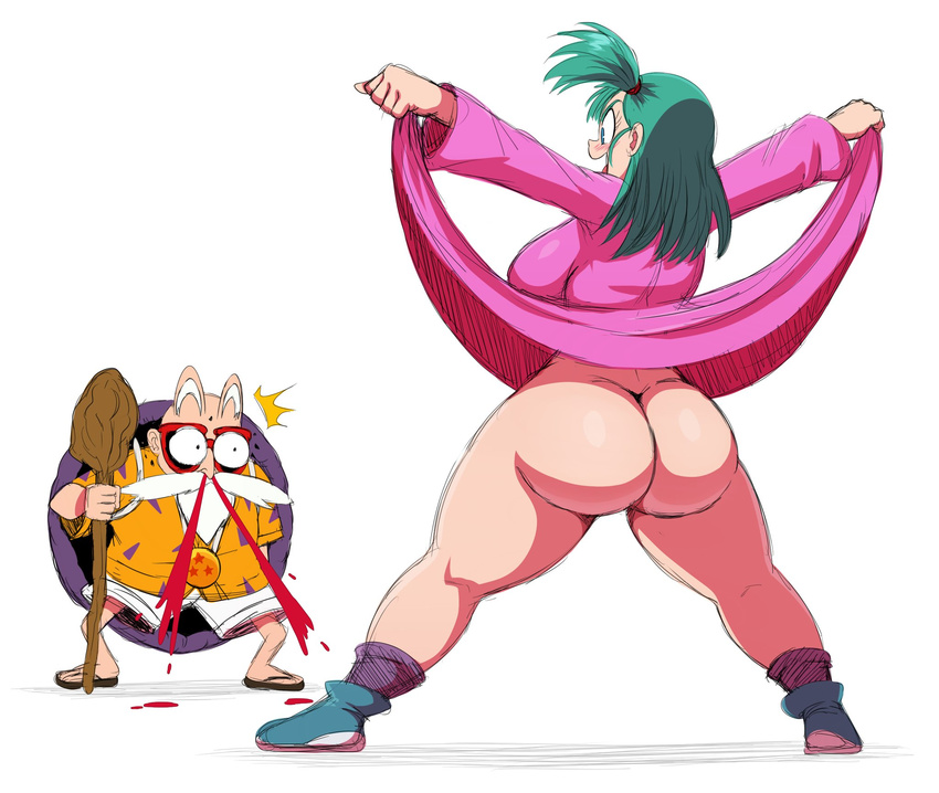 1boy 1girl 80s aqua_hair ass bare_legs beasts blood blue_eyes bottomless braid breasts bulma butt_crack curvy dragon_ball eric_lowery female huge_ass large_breasts long_hair no_panties old_man pantyshot plump ponytail shiny_skin shoes side_ponytail smile solo spread_legs standing thick_thighs wide_hips