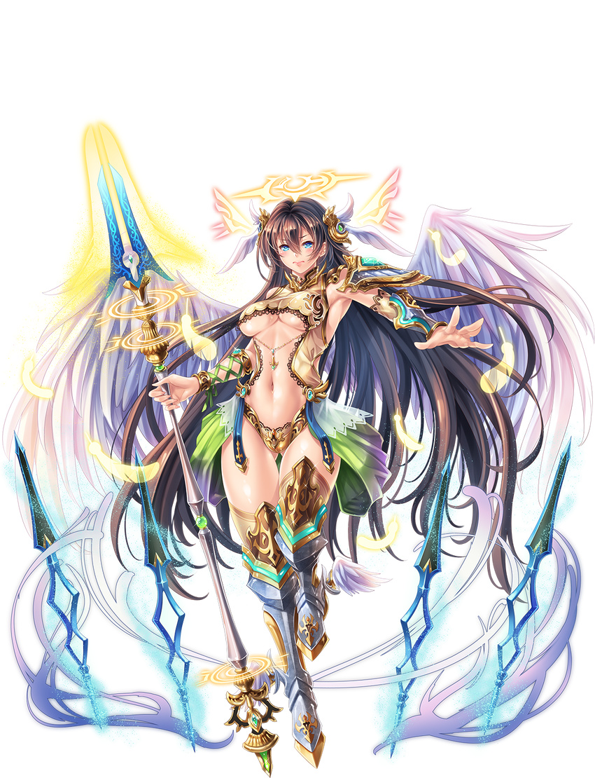 arm_guards armor armored_boots armpits bangs bikini_armor blue_eyes boots brown_hair feathers full_body hair_ornament halo highres holding holding_weapon leotard long_hair looking_away navel official_art polearm sennen_sensou_aigis serious shoulder_armor solo sophie_(sennen_sensou_aigis) spear transparent_background weapon wings