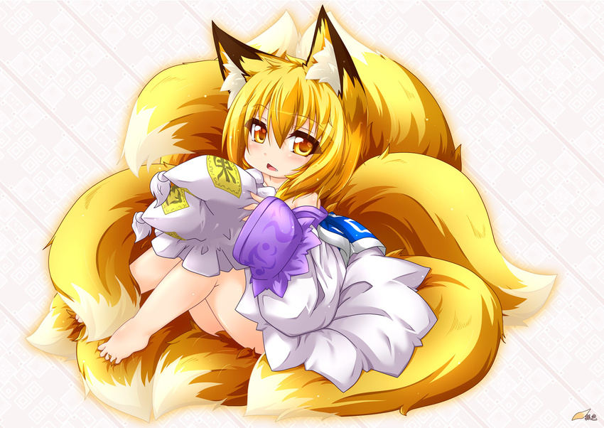 animal_ear_fluff animal_ears barefoot blonde_hair fang fox_ears fox_tail hat hat_removed headwear_removed highres kazami_karasu looking_at_viewer mob_cap multiple_tails open_mouth short_hair solo tail touhou wide_sleeves yakumo_ran yellow_eyes