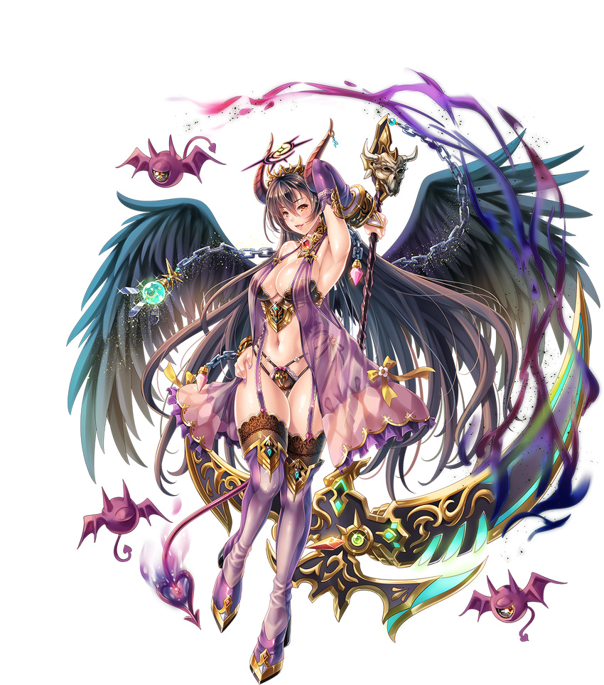 arm_up armor armpits bangs bare_shoulders blush boots breastplate breasts brown_eyes brown_hair chain cleavage demon_girl demon_horns demon_tail elbow_gloves full_body garter_straps gem gloves hair_ornament hand_on_hip highres holding holding_weapon horns jewelry knee_boots large_breasts long_hair looking_at_viewer navel official_art open_mouth panties ribbon scythe see-through sennen_sensou_aigis smile solo sophie_(sennen_sensou_aigis) tail thighhighs transparent_background underwear weapon wings