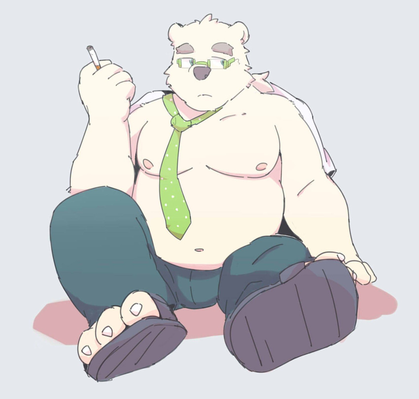 bear clothed clothing eyewear footwear glasses male mammal necktie nipples numpia polar_bear rave_(tas) sandals simple_background slightly_chubby smoking solo tokyo_afterschool_summoners topless