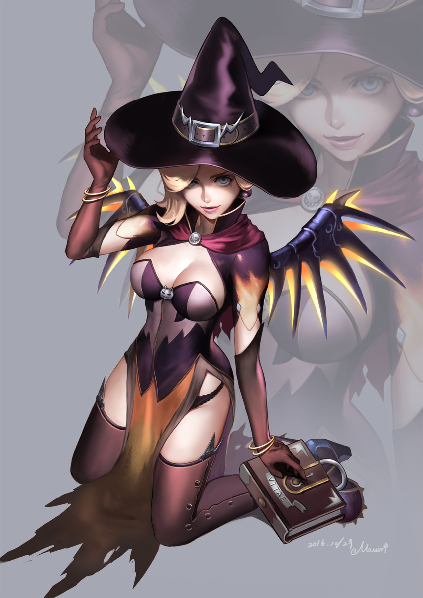 2016 alternate_costume artist_name bangle black_panties blonde_hair blue_eyes book bracelet breasts brown_footwear brown_gloves brown_legwear cape capelet cleavage cleavage_cutout closed_mouth covered_navel dated dress earrings elbow_gloves eyelashes gloves glowing glowing_wings groin halloween halloween_costume hand_on_headwear hand_up hat hat_belt high_heels highres jewelry kneeling lace lace-trimmed_panties lipstick loincloth looking_at_viewer makeup mechanical_wings medium_breasts mercy_(overwatch) momori overwatch panties pelvic_curtain pink_lips pink_lipstick red_cape shoes short_sleeves smile solo spiked_shoes spikes spread_wings thighhighs underwear wings witch witch_hat witch_mercy yellow_wings zoom_layer