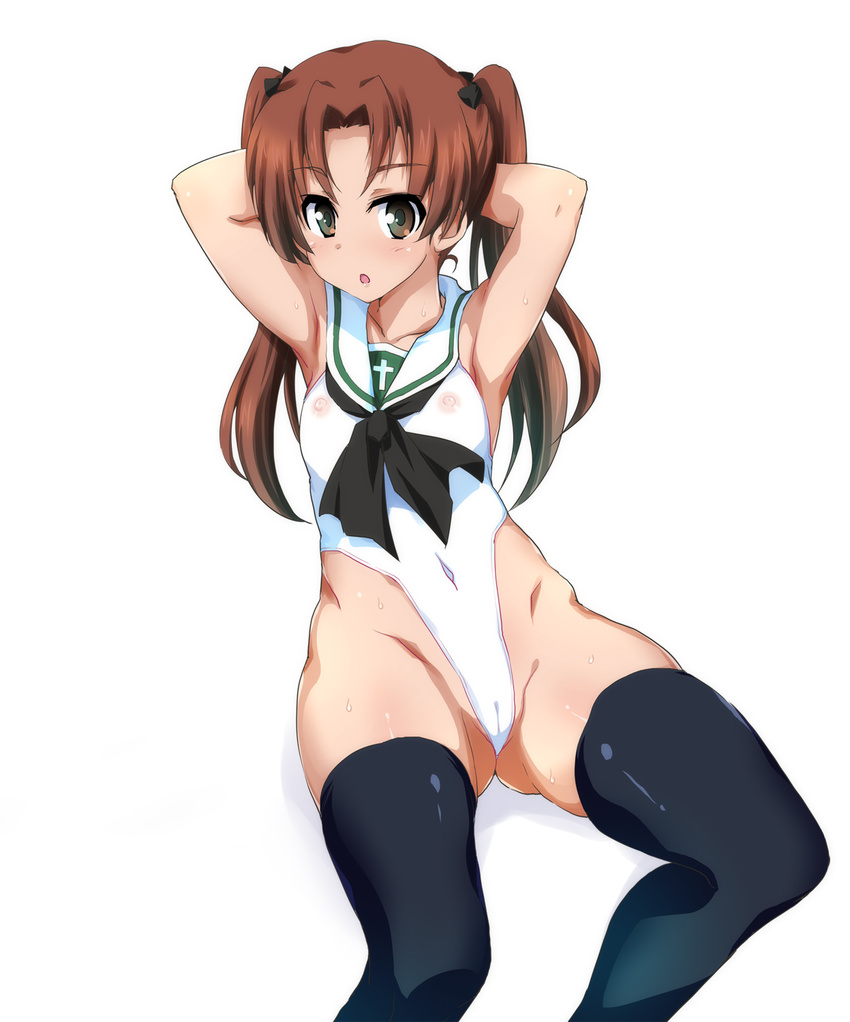 1girl armpits blush breasts brown_eyes brown_hair cameltoe girls_und_panzer kadotani_anzu leotard nipples ouhashi small_breasts solo thighhighs twintails