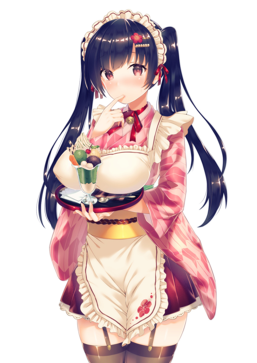 apron bangs bell black_hair blush brown_eyes brown_skirt cherry closed_mouth commentary_request cowboy_shot finger_in_mouth floral_print flower food frilled_apron frills fruit garter_straps hair_flower hair_ornament hairclip highres holding holding_tray ice_cream japanese_clothes jingle_bell kimono long_hair looking_at_viewer maid_headdress neck_ribbon obi orange original pink_kimono pleated_skirt red_flower ribbon sash simple_background skirt solo suihei_sen sundae tasting thighhighs tray twintails wa_maid wafer_stick white_background yagasuri