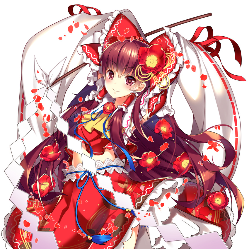 arms_behind_head arms_up bangs blush bow brown_hair closed_mouth commentary_request cowboy_shot detached_sleeves embellished_costume eyebrows_visible_through_hair floral_print flower foreshortening frilled_shirt_collar frills gohei gradient_hair hair_bow hair_flower hair_ornament hakurei_reimu highres holding homaderi large_bow long_hair long_sleeves looking_at_viewer medium_skirt midriff multicolored_hair petals purple_eyes purple_hair red_bow red_ribbon red_skirt ribbon ribbon-trimmed_sleeves ribbon_trim sidelocks simple_background skirt solo standing straight_hair touhou very_long_hair white_background wide_sleeves
