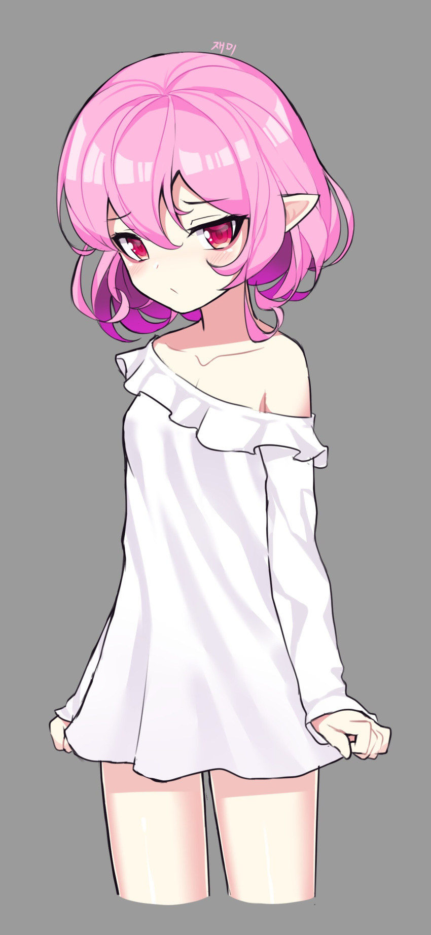 1girl absurdres bare_shoulders blush eyebrows_visible_through_hair hair_between_eyes highres looking_at_viewer lucid maplestory no_pants pink_eyes pink_hair pointy_ears pout shirt short_hair white_shirt