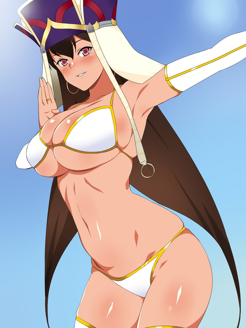 armpits bikini blush breasts brown_eyes brown_hair cleavage detached_sleeves earrings fate/grand_order fate_(series) highres hoop_earrings jewelry kagemusha large_breasts long_hair looking_at_viewer ring skindentation solo swimsuit thighhighs thighs very_long_hair white_bikini white_legwear xuanzang_(fate/grand_order)