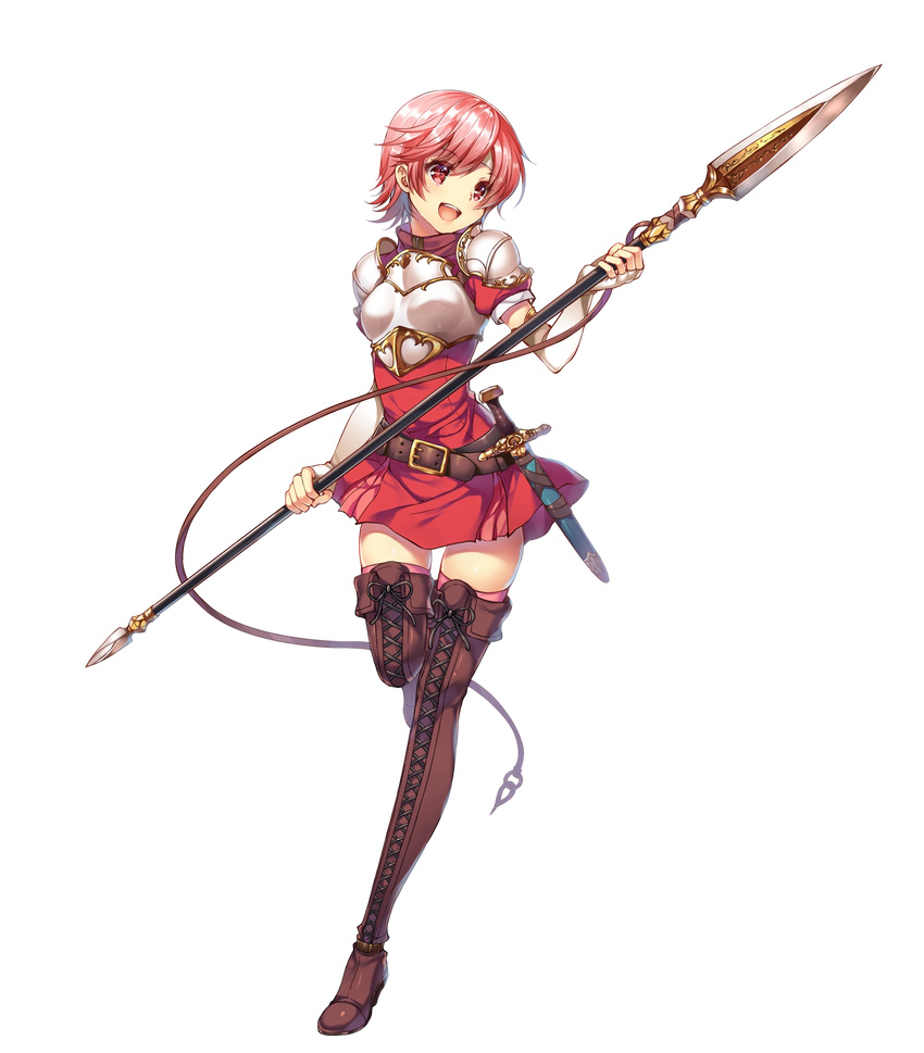 armor belt boots breastplate brown_footwear brown_legwear cross-laced_footwear dress elbow_gloves est fingerless_gloves fire_emblem fire_emblem:_monshou_no_nazo fire_emblem_heroes full_body gloves headband highres holding holding_weapon lace-up_boots lance leather leather_boots miwabe_sakura official_art open_mouth pink_hair pink_legwear polearm red_eyes short_dress short_hair shoulder_pads smile solo thigh_boots thighhighs transparent_background weapon zettai_ryouiki