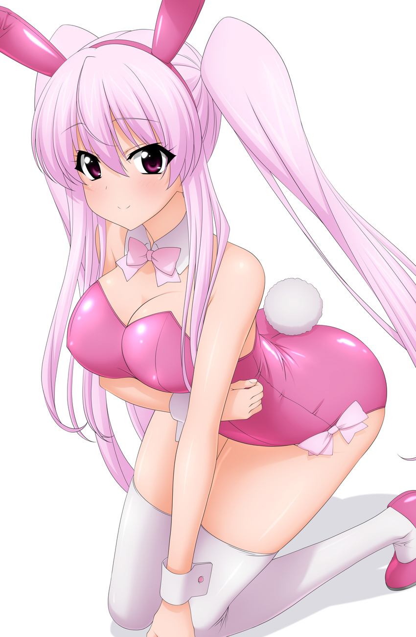 absurdres all_fours animal_ears april bow bowtie breasts bunny_ears bunny_tail bunnysuit cleavage detached_collar highres large_breasts leotard long_hair original pink_bow pink_hair pink_leotard pink_neckwear purple_eyes simple_background solo strapless strapless_leotard sugimura_tomokazu tail thighhighs twintails white_background white_legwear wrist_cuffs