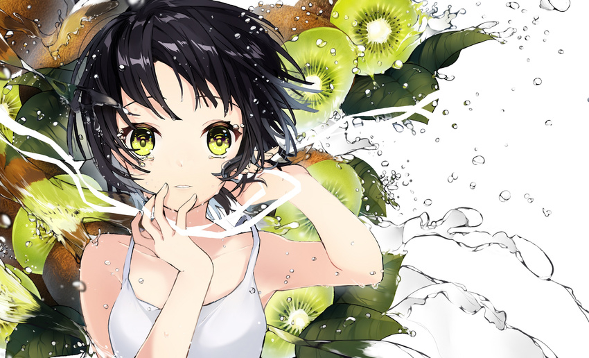 bangs bare_shoulders black_hair collarbone dress fingernails food fruit green_eyes hair_tousle hand_to_head hand_to_own_mouth hand_up hands_up highres kiwifruit leaf looking_at_viewer original parted_lips short_hair sogawa solo teeth upper_body water water_drop white_dress