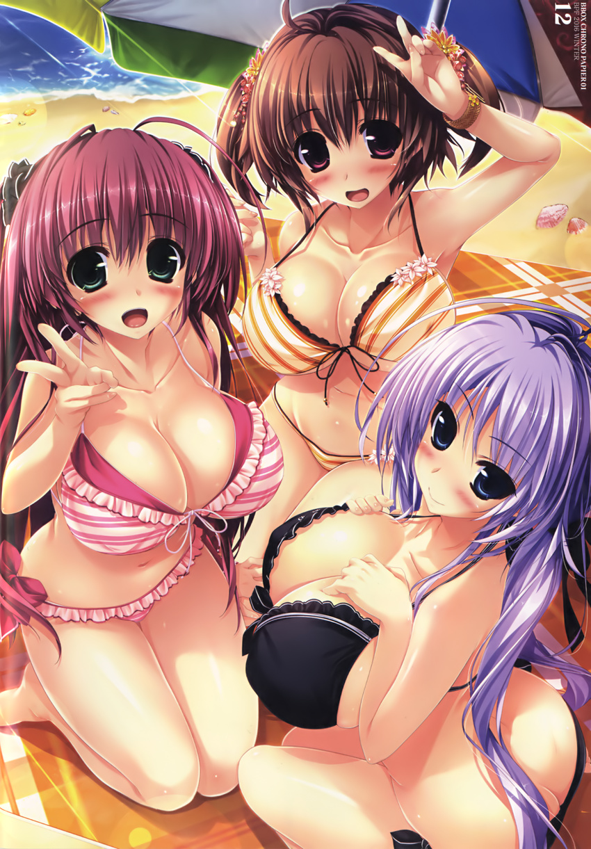 :d ahoge arm_at_side ass bangs bare_arms bare_legs bare_shoulders barefoot beach beach_towel beach_umbrella bikini black_bikini black_ribbon blue_eyes blush bow bow_bikini breast_suppress breasts brown_eyes brown_hair butt_crack cleavage closed_mouth collarbone day eyebrows_visible_through_hair fingernails flower frilled_bikini frills green_eyes groin hair_between_eyes hair_flower hair_ornament hair_ribbon hand_up hands_on_own_chest highres hoshizaki_ouka huge_ahoge large_breasts long_hair looking_at_viewer multiple_girls navel open_mouth oshiki_hitoshi outdoors pink_bikini purple_hair red_bow red_hair ribbon sakigake_generation! sand seashell seiza shell shikishima_natsume short_hair short_hair_with_long_locks sitting smile stomach striped swimsuit towel twintails two_side_up umbrella v vertical-striped_bikini vertical_stripes water yellow_bikini yukinomiya_anon