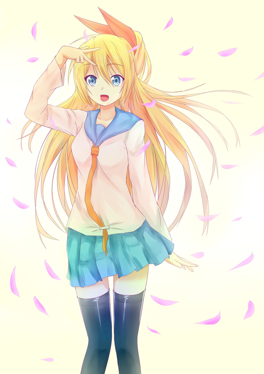 :d absurdres black_legwear blonde_hair blue_eyes blue_skirt hair_between_eyes hair_ribbon highres kirisaki_chitoge kramadhan73 long_hair looking_at_viewer nisekoi open_mouth petals pleated_skirt ribbon school_uniform skirt smile solo thighhighs very_long_hair wind