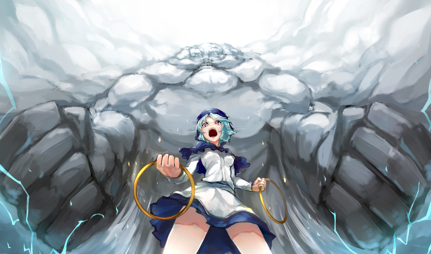 1girl :o black_eyes blue_hair breasts clenched_hands cloud commentary_request cowboy_shot dress dual_wielding e_neko from_below giant highres holding hood hoop kumoi_ichirin medium_breasts nun open_mouth touhou unzan v-shaped_eyebrows white_dress