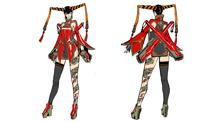 1girl black_hair chinese_clothes concept_art hair_ribbon high_heels makeup max_anarchy nail_polish ribbon rin_rin single_thighhigh tattoo