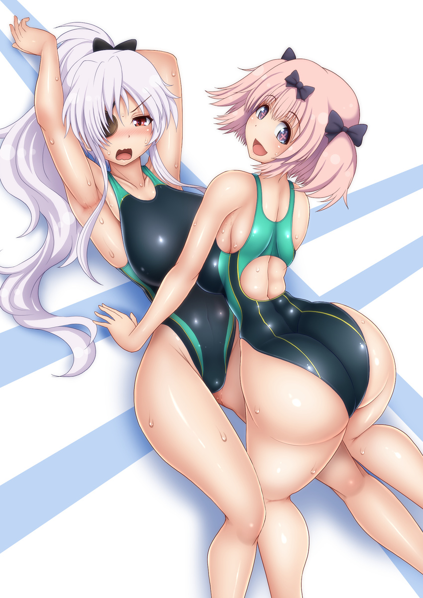 2girls ass blue_eyes blush bow breasts commentary_request competition_swimsuit eyepatch hair_bow hair_ornament hibari_(senran_kagura) highres large_breasts long_hair looking_at_viewer multiple_girls one-piece_swimsuit open_mouth pink_hair ponpo red_eyes senran_kagura senran_kagura_shoujo-tachi_no_shin'ei short_hair short_twintails smile swimsuit symbol-shaped_pupils twintails white_hair yagyuu_(senran_kagura)