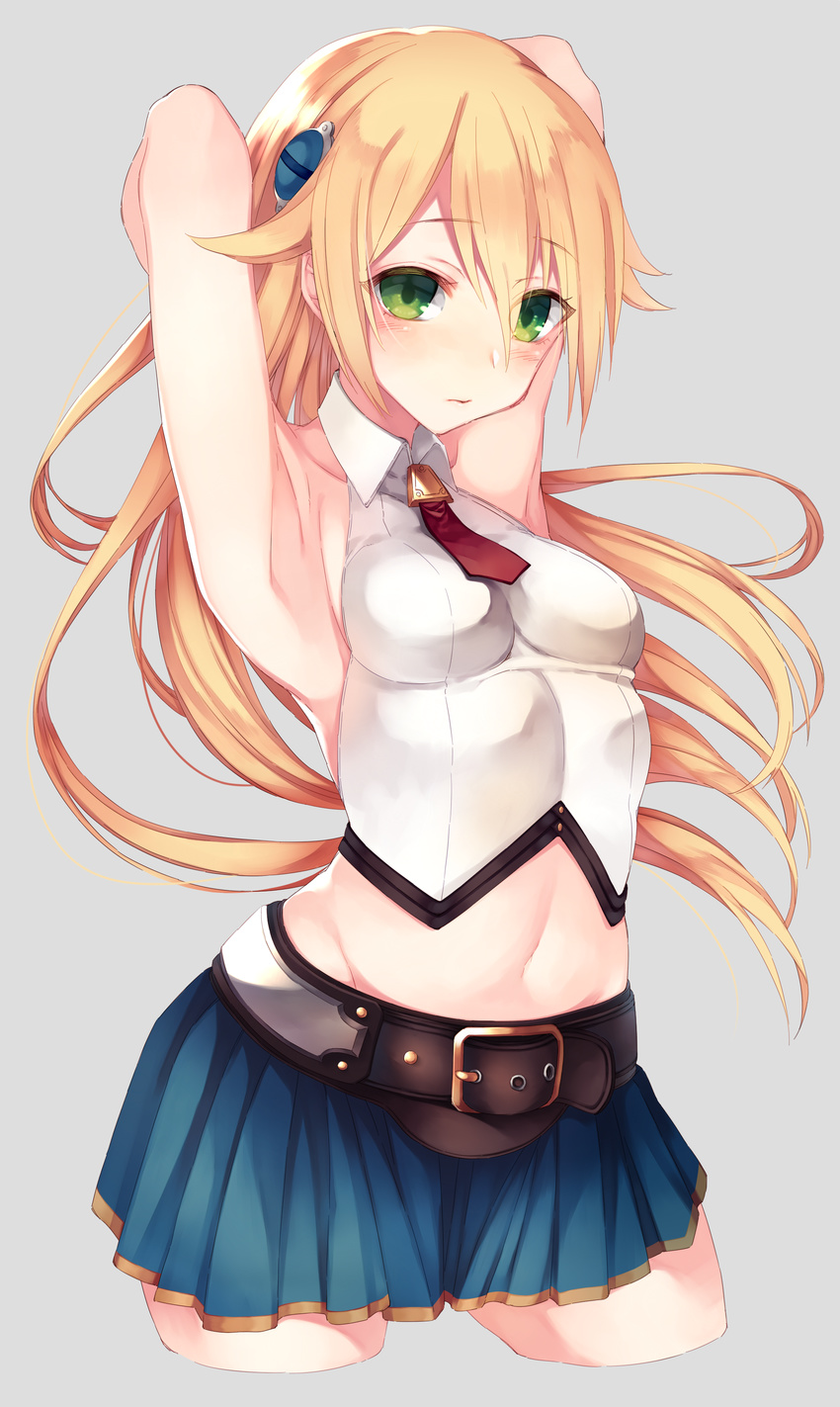 absurdres armpits arms_behind_back arms_up bangs bare_shoulders belt belt_buckle blazblue blazblue:_chronophantasma blonde_hair blue_skirt blush breasts buckle collarbone collared_shirt contrapposto cowboy_shot cropped_legs eyebrows_visible_through_hair green_eyes grey_background groin hair_between_eyes hair_ornament highres himegi_you long_hair looking_at_viewer medium_breasts midriff miniskirt navel necktie noel_vermillion red_neckwear shirt short_necktie simple_background skin_tight skirt sleeveless sleeveless_shirt solo standing stomach taut_clothes taut_shirt wing_collar
