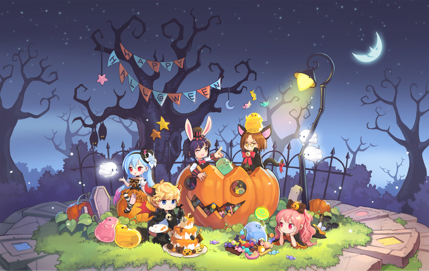 3girls :d ;d ^_^ anais_del_caril angry animal_ears bare_shoulders bare_tree bat bell benya_(tales_weaver) bird black_bow black_cape black_hat black_vest blonde_hair blue_eyes blue_hair bow bowtie brown_eyes brown_hair bunny_ears cake candy candy_cane cape cat_ears cat_tail character_request chin_rest clenched_teeth closed_eyes collarbone creature crescent_moon detached_sleeves eating eye_contact fence floating flower food fork ghost glasses glowing grass hair_bow hairband halloween happy_halloween hat hat_bow hat_flower hat_ornament headband highres holding holding_plate horns jack-o'-lantern jingle_bell juggling lamppost leaf light lollipop long_hair long_sleeves looking_at_another loose_thighhigh lucian_kaltz lying maximin_liebkne moon multiple_boys multiple_girls night night_sky on_stomach one_eye_closed open_mouth orange_skirt outdoors outstretched_arms outstretched_hand pink_bow pink_hair plant plate pointing ponytail puffy_short_sleeves puffy_sleeves pumpkin red_bow red_eyes red_neckwear round_teeth sang_ah_yoon short_sleeves sitting skirt skull sky sleeping slime smile star star_(sky) starry_sky string_of_flags striped striped_hat striped_legwear sweets tail tales_weaver teeth tombstone top_hat tree vampire_costume vest yellow_eyes