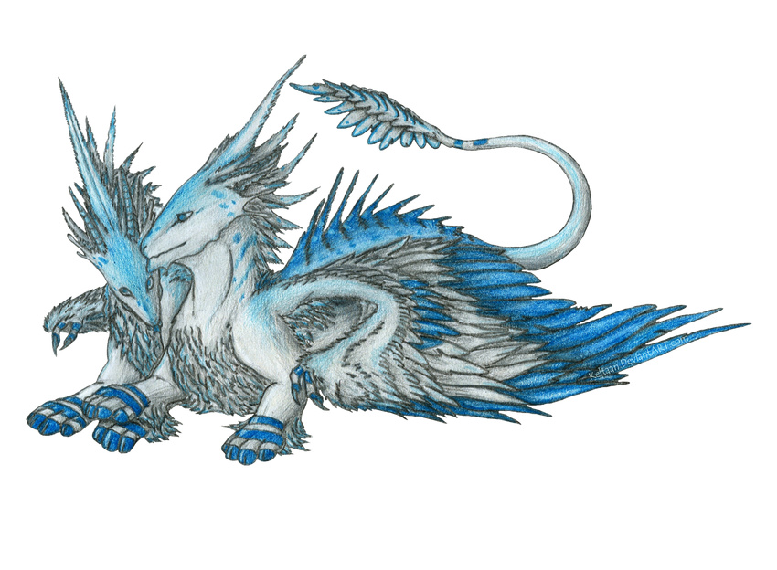 alpha_channel ambiguous_gender blue_eyes blue_feathers dragon duo feathered_dragon feathers feral fur furred_dragon horn keltaan simple_background traditional_media_(artwork) transparent_background white_feathers