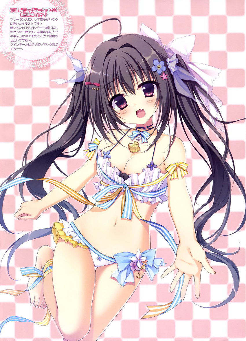 :d absurdres ahoge anchor ankle_ribbon bare_shoulders barefoot black_hair blue_bow blush bow bow_panties bowtie bra breasts cameltoe checkered checkered_background cleavage collarbone dengeki_moeou eyebrows_visible_through_hair fang fingernails flower foreshortening frilled_bra frills hair_bobbles hair_flower hair_intakes hair_ornament hair_ribbon hairclip head_tilt highres leg_up long_fingernails long_hair looking_at_viewer matsumiya_kiseri medium_breasts navel open_mouth outstretched_arm panties purple_eyes purple_ribbon red_bow ribbon scan seashell shell smile solo standing standing_on_one_leg stomach striped striped_bow striped_neckwear striped_ribbon tareme thigh_gap toes translation_request twintails underwear underwear_only white_bow white_bra white_panties