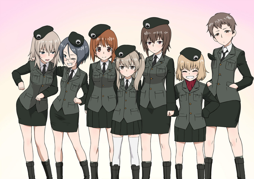 adapted_costume arm_around_shoulder arms_behind_back bangs beret black_footwear black_hat black_jacket black_neckwear black_ribbon black_skirt blonde_hair blue_eyes boots brown_eyes brown_hair closed_eyes closed_mouth commentary_request dress_shirt emblem girls_und_panzer glasses grey_hair grin hair_ribbon hands_in_pockets hands_on_hips hat itsumi_erika jacket japanese_tankery_league_(emblem) katyusha light_brown_hair light_smile long_hair long_sleeves looking_at_another looking_at_viewer military military_hat military_uniform miniskirt multiple_girls naomi_(girls_und_panzer) necktie nishizumi_maho nishizumi_miho one_eye_closed open_mouth parted_lips pencil_skirt pleated_skirt red_shirt ribbon round_eyewear rumi_(girls_und_panzer) selection_university_military_uniform shimada_arisu shirt short_hair silver_hair simple_background skirt sleeves_past_wrists smile standing sweatdrop turtleneck uniform very_short_hair wata_do_chinkuru white_background white_shirt