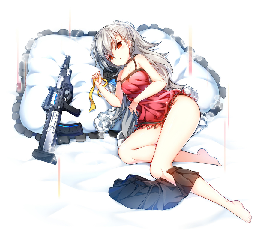 assault_rifle bangs bare_arms bare_shoulders barefoot bed_sheet breasts brown_choker camouflage_jacket choker cleavage closers collarbone fingernails frilled_pillow frills grey_hair groin gun hair_between_eyes half_updo highres holding holding_ribbon jacket jacket_removed legs lingerie long_hair looking_at_viewer lying negligee on_back on_bed pillow poseich red_eyes ribbon rifle skirt skirt_around_one_leg skirt_pull small_breasts solo tina_(closers) underwear weapon yellow_ribbon