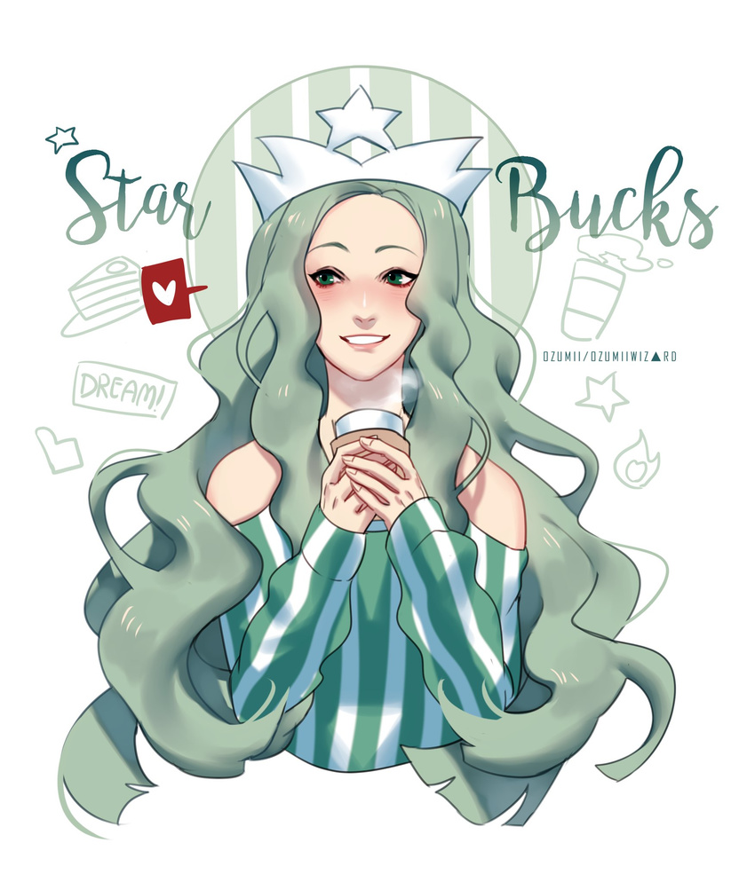 coffee copyright_name cropped_torso crown detached_sleeves green_hair heart highres image_sample long_hair ozumii personification shirt simple_background smile spoken_heart starbucks starbucks_siren striped striped_shirt twitter_sample very_long_hair white_background