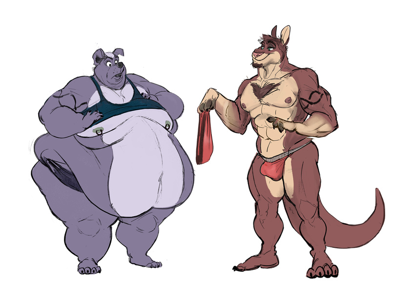 anthro bulge canine cleveartois93 clothed clothing dog duo edthepuma_(artist) fur kangaroo luxordtimet male mammal marsupial muscular muscular_male navel nipples obese open_mouth overweight overweight_male ozzy_(character) pecs pitbull smile standing tattoo topless underwear