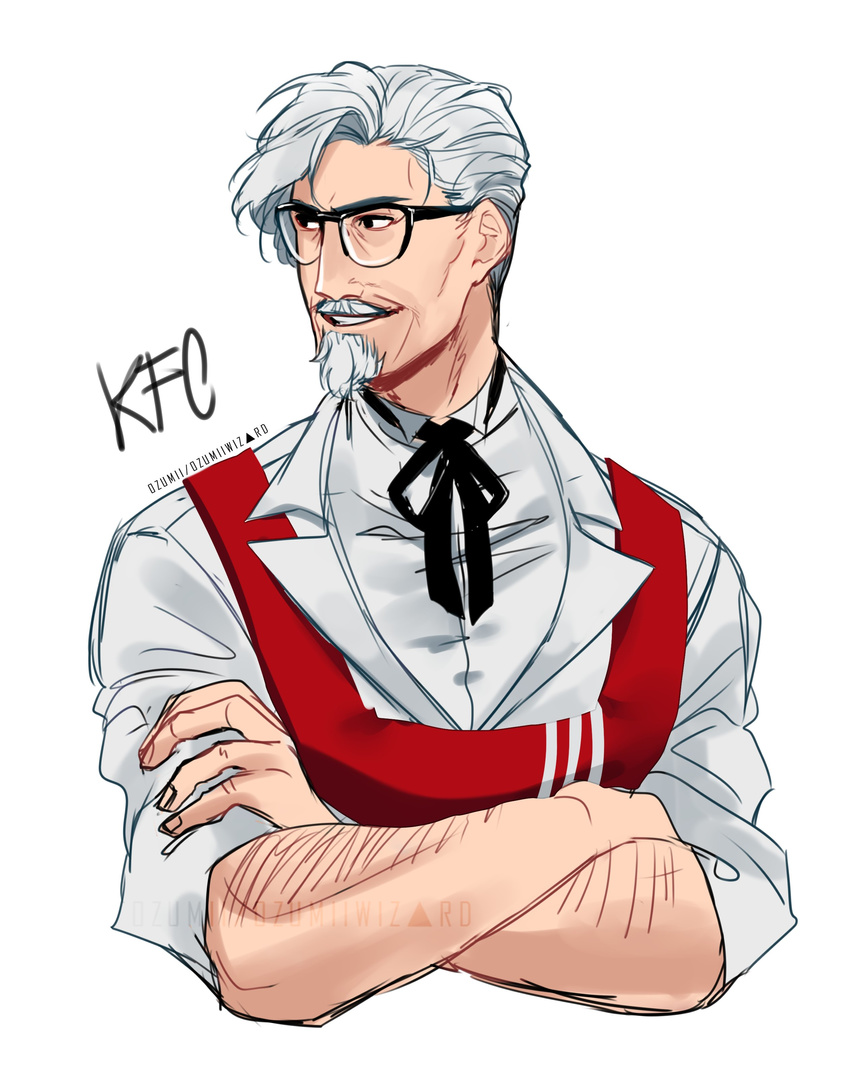 absurdres arm_hair artist_name black-framed_eyewear black_eyes colonel_sanders copyright_name crossed_arms facial_hair glasses goatee grin highres kfc looking_to_the_side male_focus mustache ozumii shirt short_hair smile upper_body white_background white_hair white_shirt