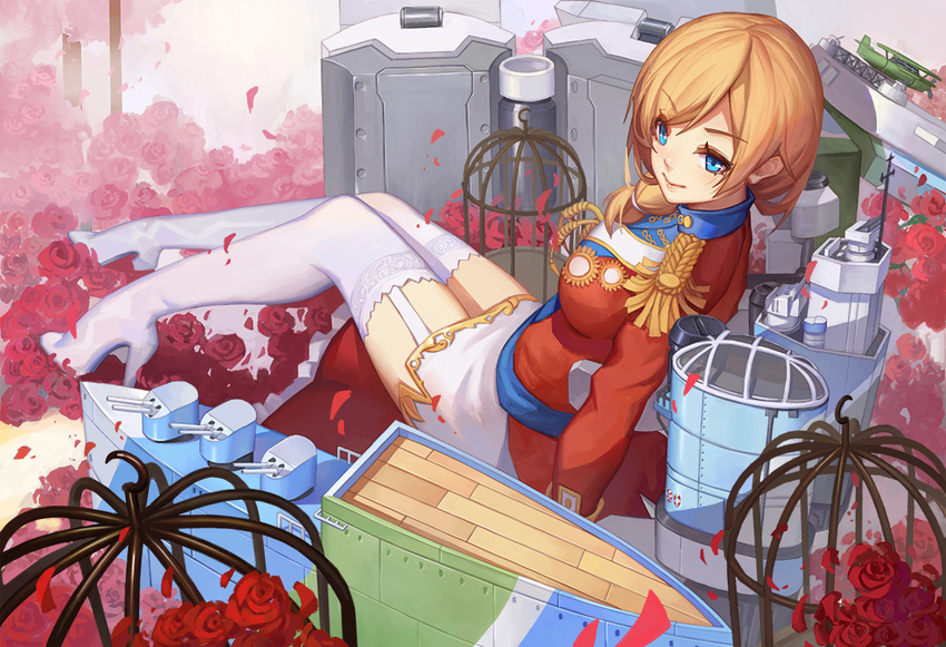 arm_support blonde_hair blue_eyes cage epaulettes flower fourragere from_above garter_straps high_heels looking_to_the_side miniskirt rodney_(zhan_jian_shao_nyu) rose sitting skirt solo thighhighs turret uniform youxuemingdie zhan_jian_shao_nyu