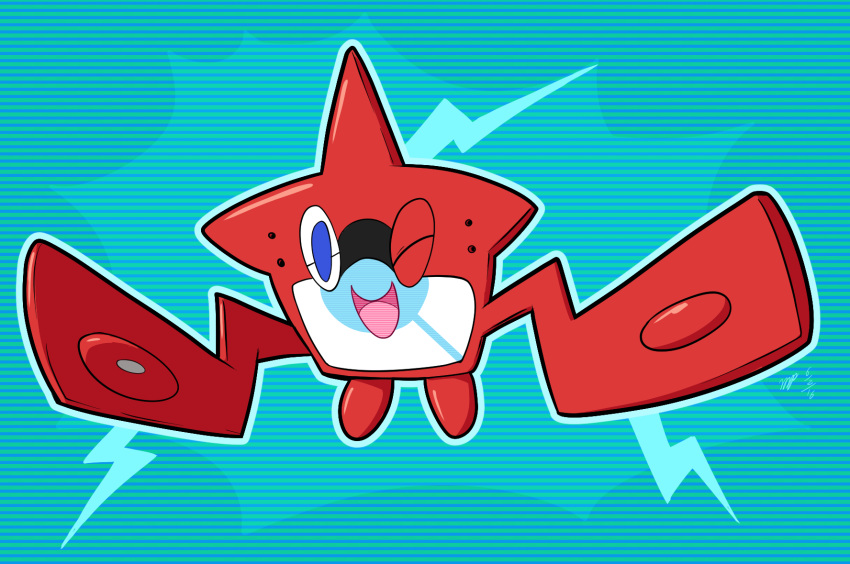 2016 blue_eyes by-nc-nd cogmoses creative_commons digital_drawing_(artwork) digital_media_(artwork) hi_res looking_at_viewer nintendo not_furry one_eye_closed open_mouth open_smile pattern_background pok&eacute;mon pok&eacute;mon_(species) red_body rotom rotom_dex signature simple_background smile solo striped_background video_games wink