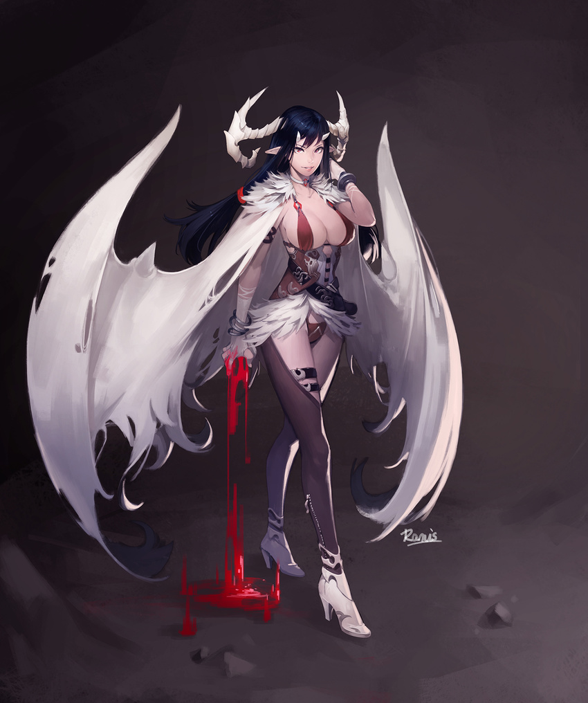 armor artist_name bangle bangs belt black_hair blood blood_drip bloody_hands bracelet breasts brown_legwear cape cleavage collarbone corset demon_girl demon_horns demon_wings elbow_gloves fingerless_gloves full_body fur-trimmed_cape fur_trim gloves hair_ornament hair_tie hand_to_head hand_up high_heels highres horns huge_breasts jewelry lips long_hair looking_at_viewer nose original parted_lips pink_lips pointing red_eyes revealing_clothes shoes solo teeth thigh_strap thighhighs white_cape white_footwear white_gloves white_wings wings woo_jin_lee