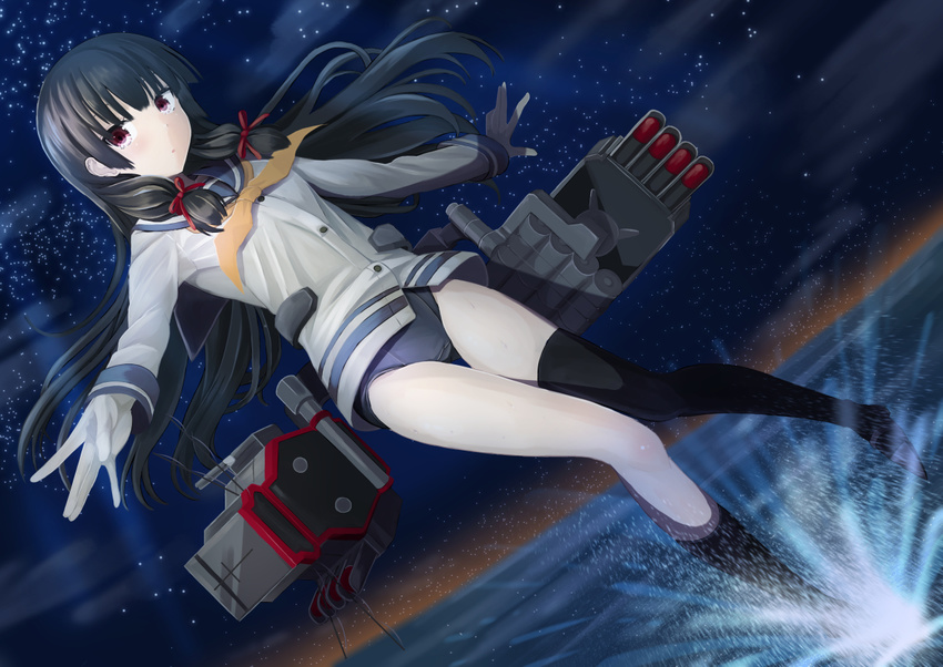 black_hair black_legwear commentary_request dutch_angle gloves hair_ribbon isokaze_(kantai_collection) kantai_collection konpotsu long_hair long_sleeves neckerchief night night_sky no_pants outstretched_arms red_eyes ribbon rigging sailor_collar school_swimsuit school_uniform serafuku single_thighhigh sky solo standing standing_on_liquid star_(sky) starry_sky swimsuit swimsuit_under_clothes thigh_gap thighhighs tress_ribbon