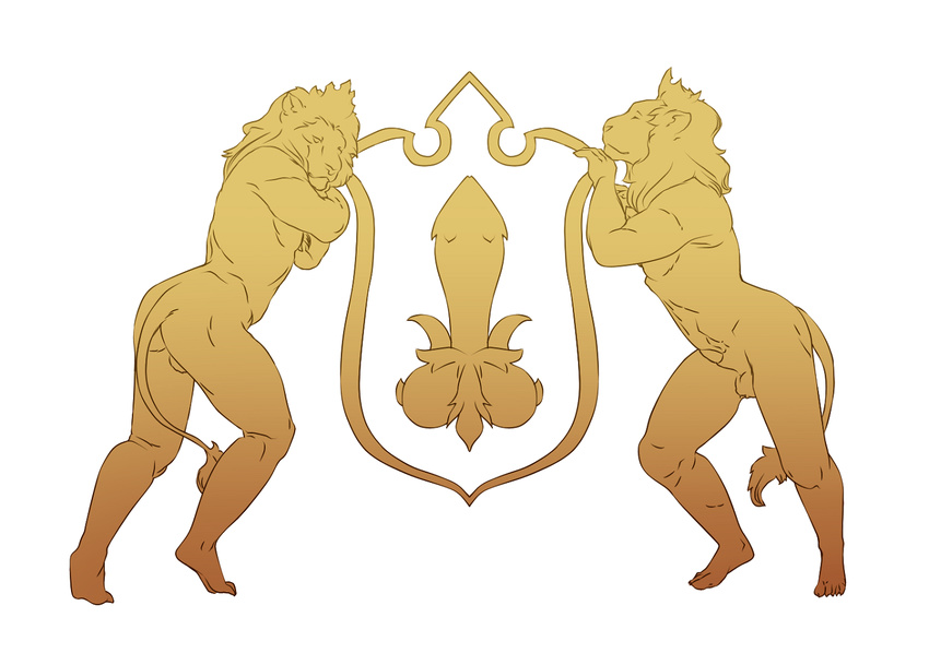 9x9 animal_genitalia anthro balls butt coat_of_arms erection feline lion looking_at_viewer male mammal muscular nude pose smile