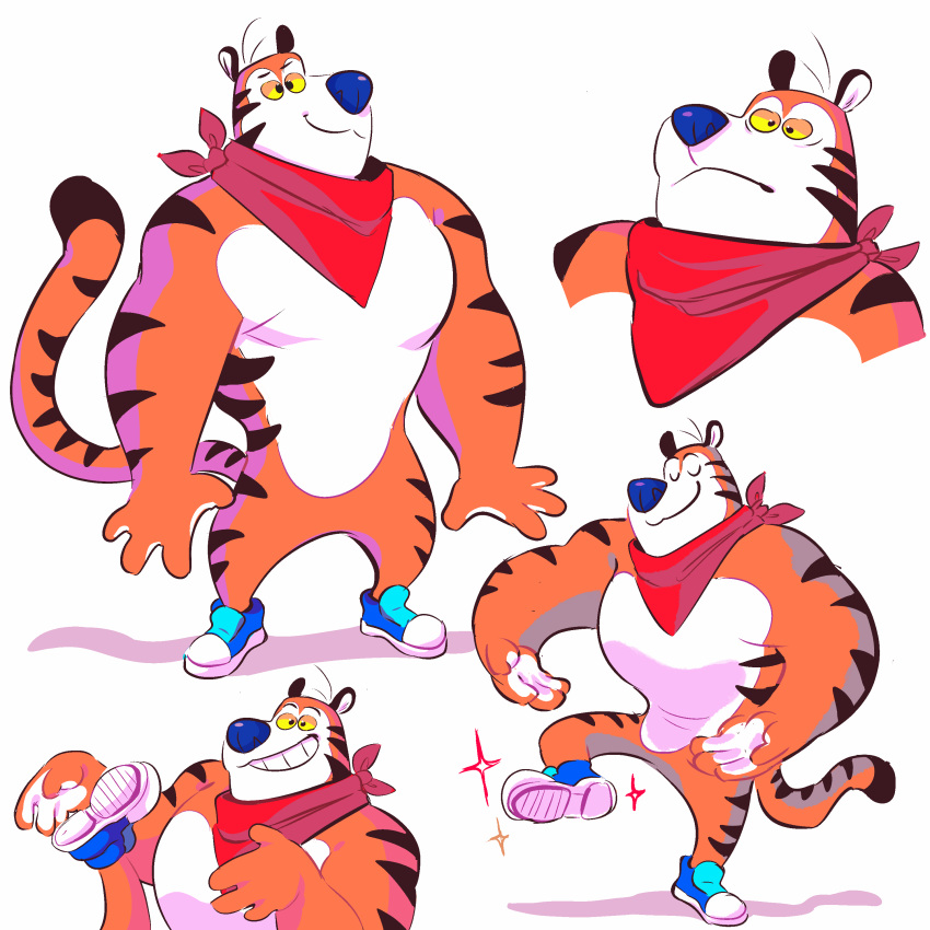 2019 absurd_res anthro blue_nose clothing felid frosted_flakes fur hi_res kellogg's male mammal mascot muscular muscular_male pantherine plum_(artist) stripes tiger tony_the_tiger